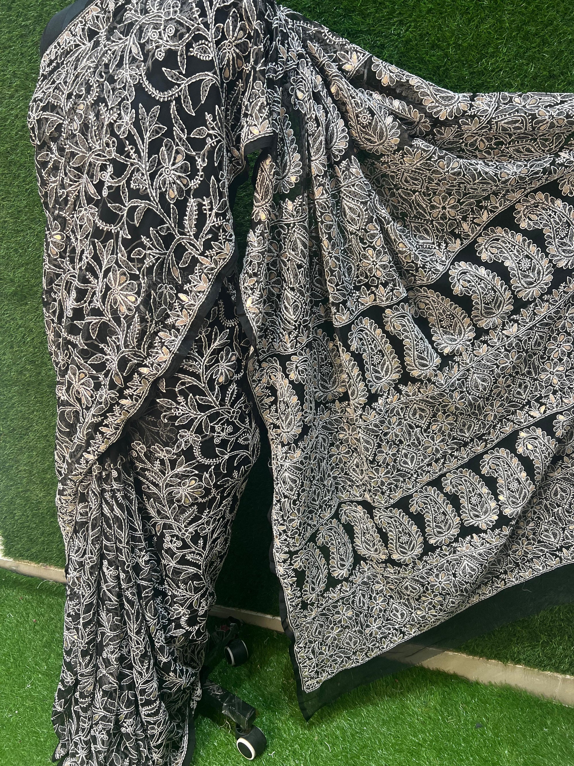 Hand-embroidered black georgette lucknowi chikankari saree with gota patti work and matching blouse