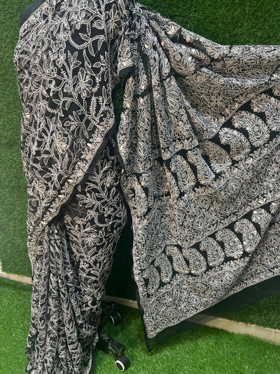 Hand-embroidered black georgette lucknowi chikankari saree with gota patti work and matching blouse