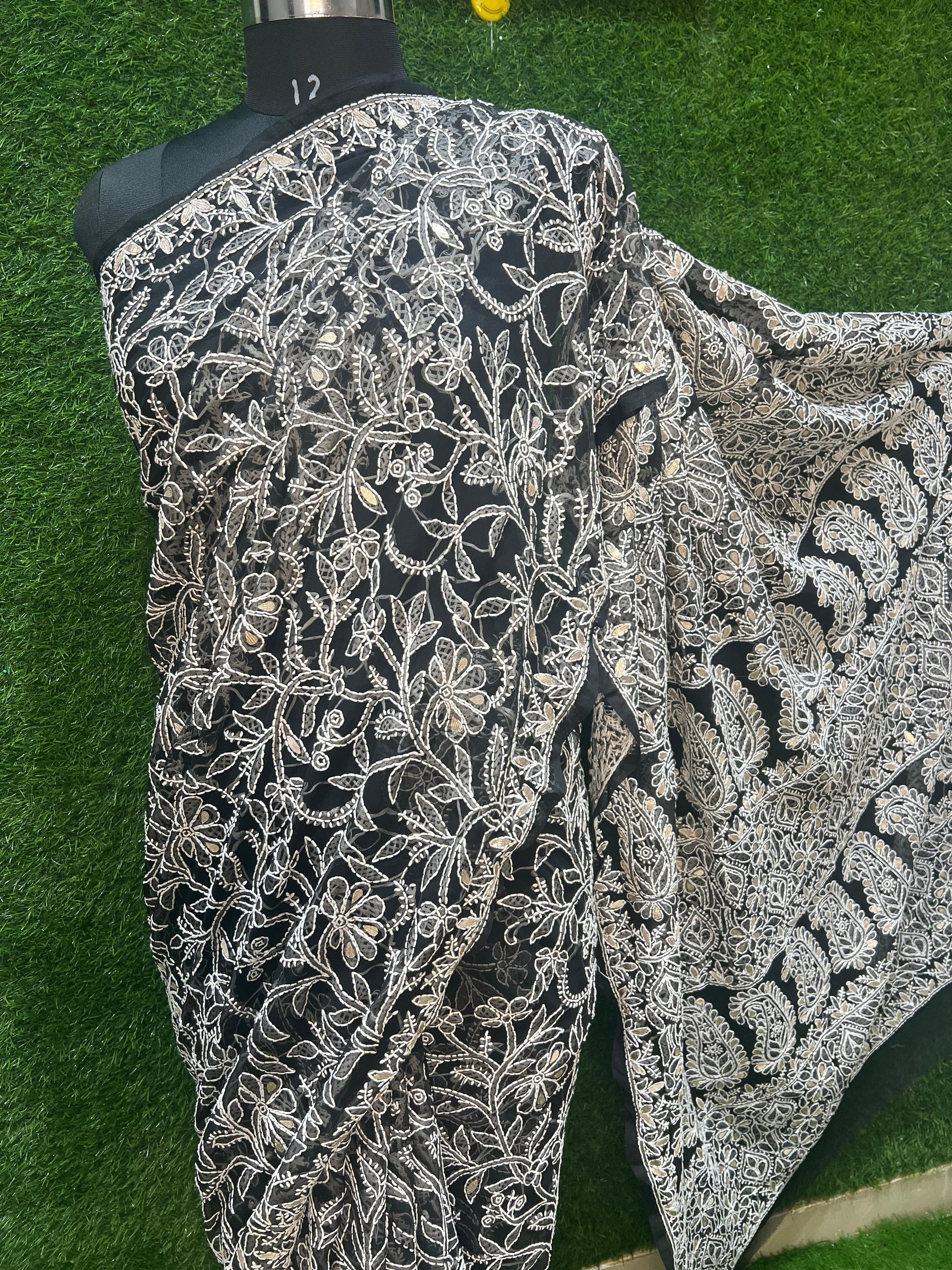 Hand-embroidered black georgette lucknowi chikankari saree with gota patti work and matching blouse