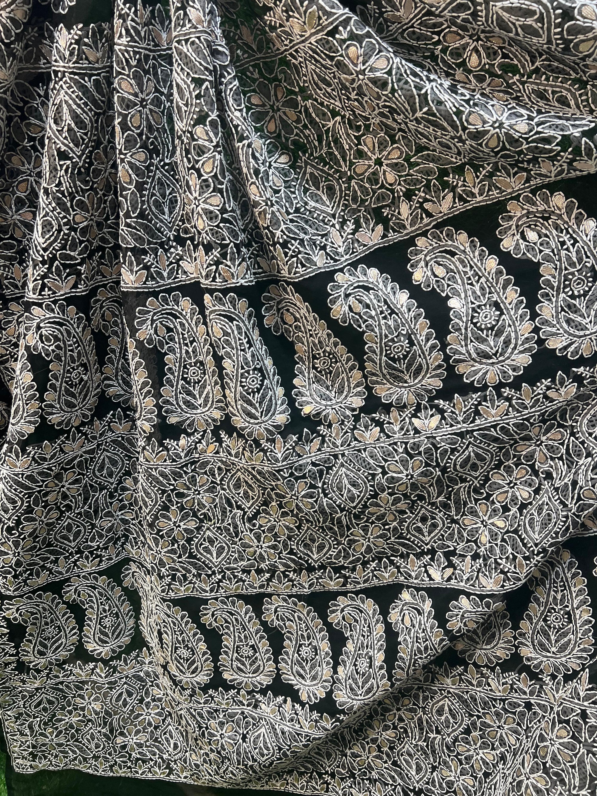 Hand-embroidered black georgette lucknowi chikankari saree with gota patti work and matching blouse