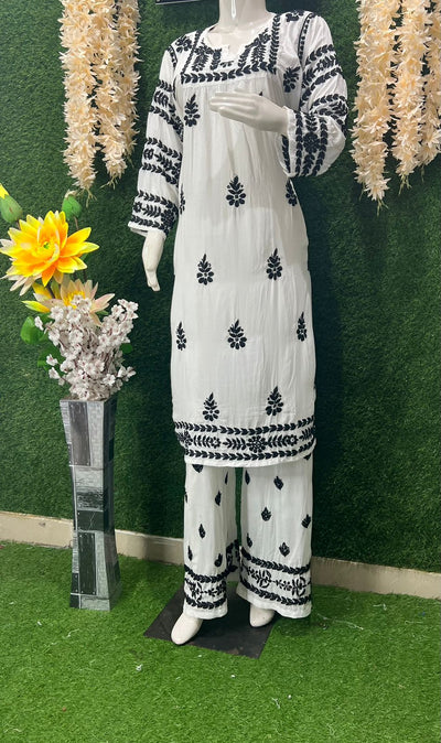 Lucknowi Chikankari Handwork Nyra Cut Kurti with Palazzo Set