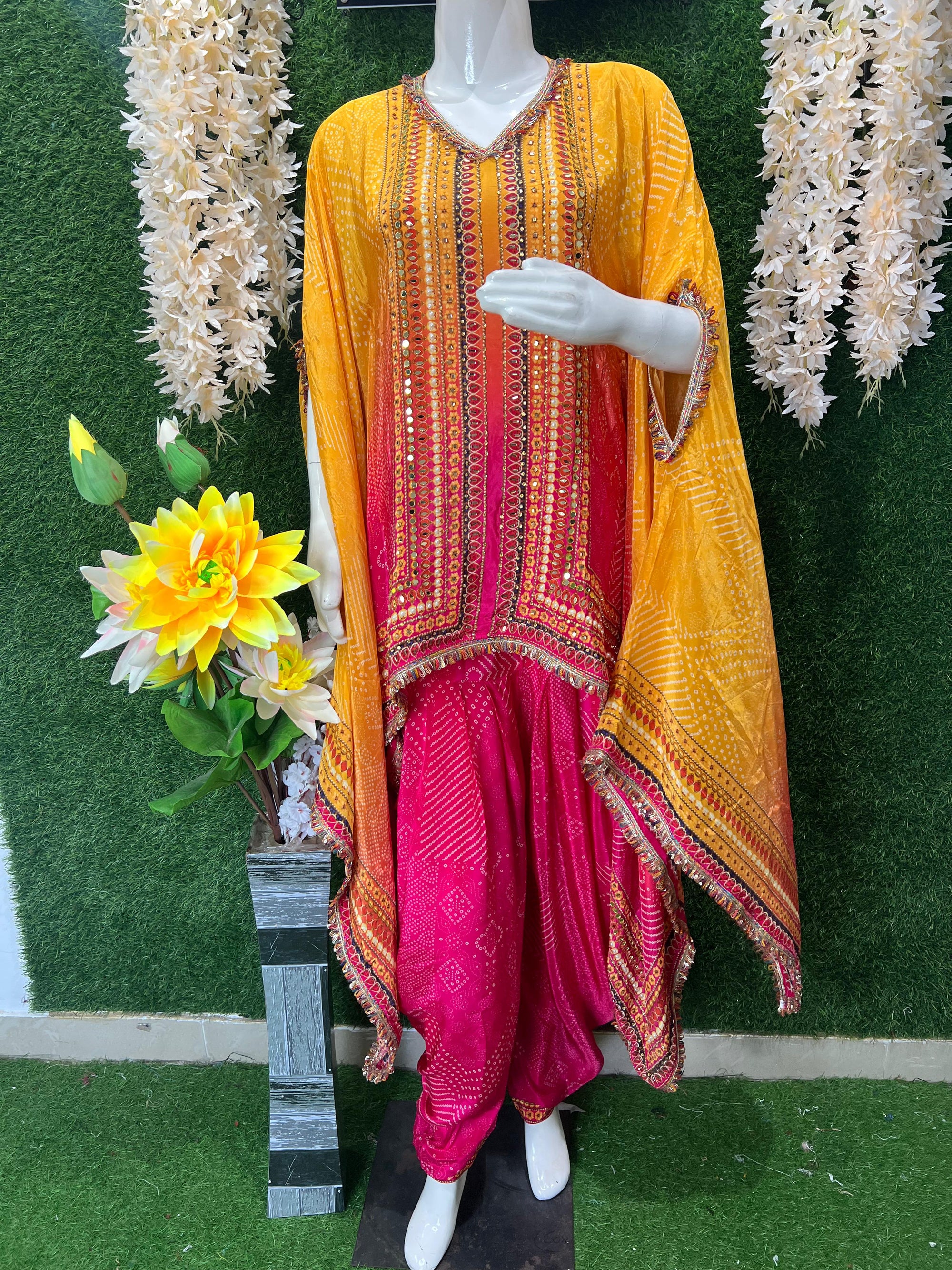 Festive-Ready Indo Western Kaftan Coord Set with Mirror Work & Tulip Pants