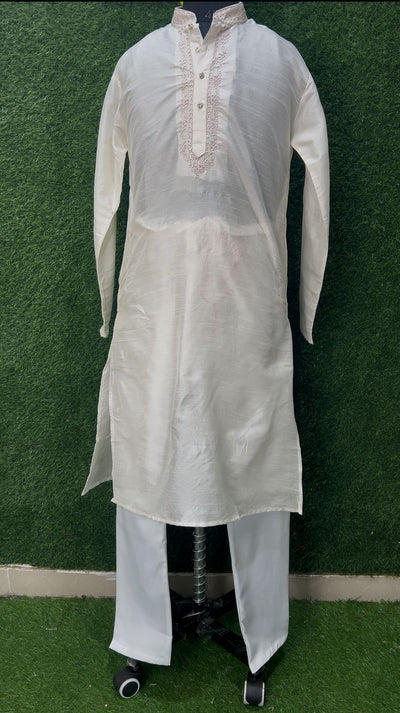Men’s Silk Kurta with Embroidered Neck & White Pants