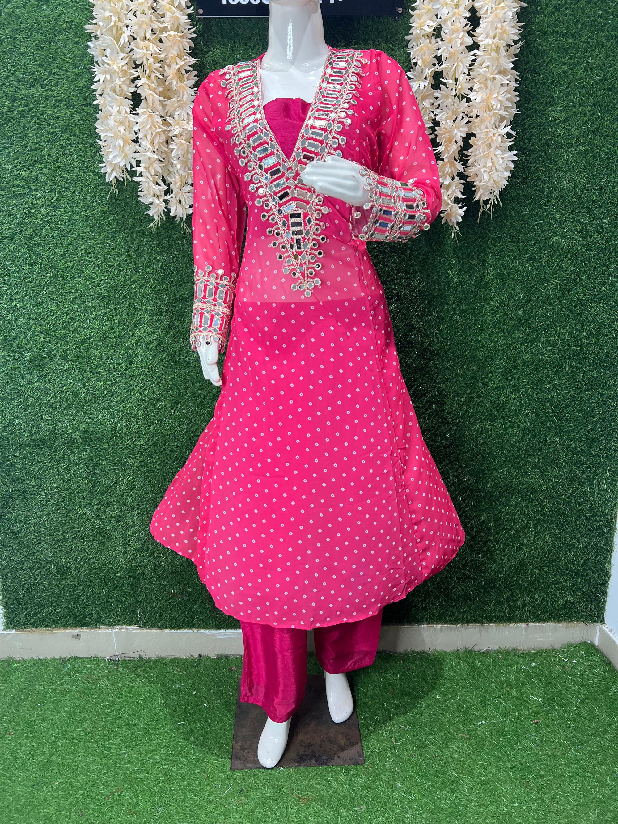 Stylish Georgette Shrug Kurti Set with Pants & Blouse – Real Mirror Work