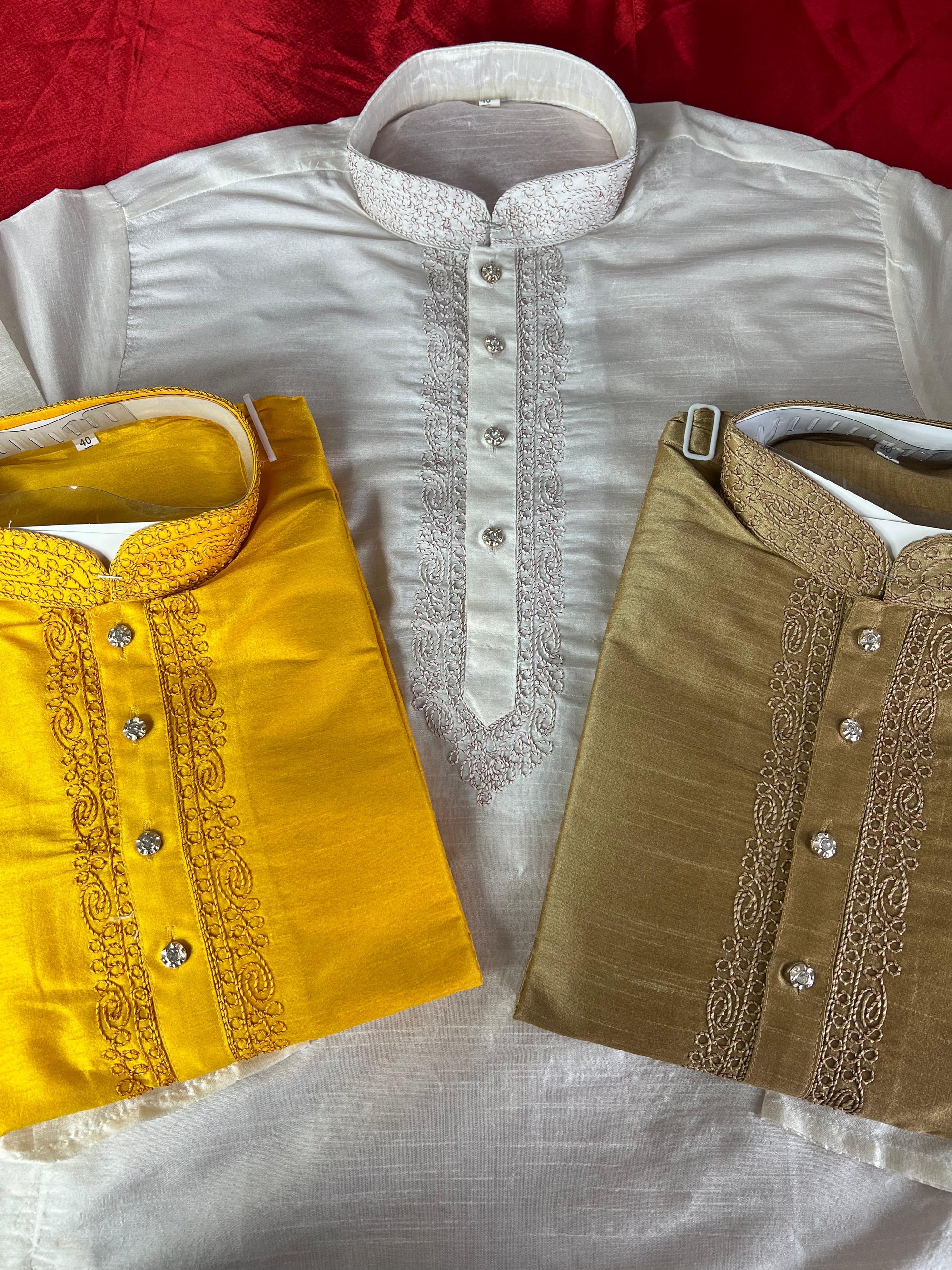 Men’s Silk Kurta with Embroidered Neck & White Pants
