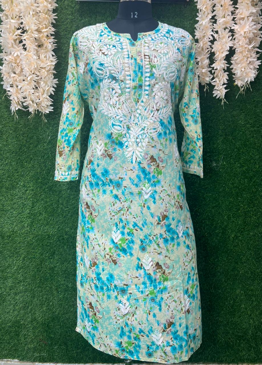 Mul Cotton Printed Lucknowi Chikankari Embroidered Kurti
