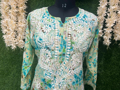 Mul Cotton Printed Lucknowi Chikankari Embroidered Kurti