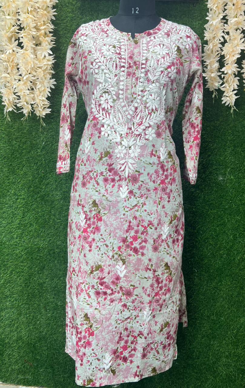 Mul Cotton Printed Lucknowi Chikankari Embroidered Kurti