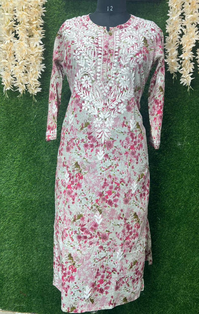 Mul Cotton Printed Lucknowi Chikankari Embroidered Kurti