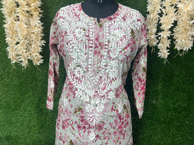 Mul Cotton Printed Lucknowi Chikankari Embroidered Kurti