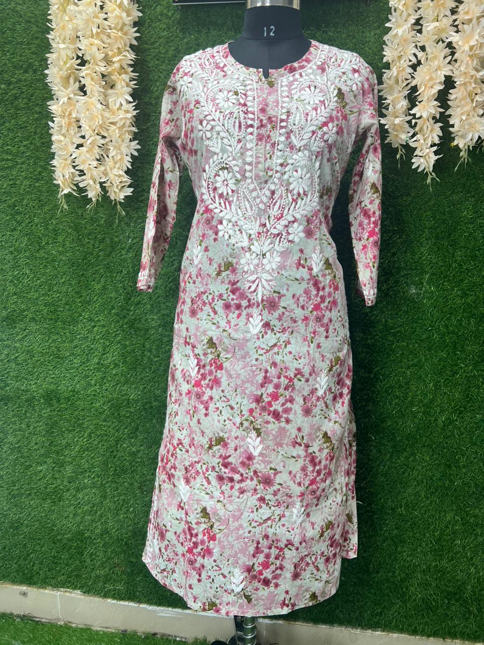 Mul Cotton Printed Lucknowi Chikankari Embroidered Kurti