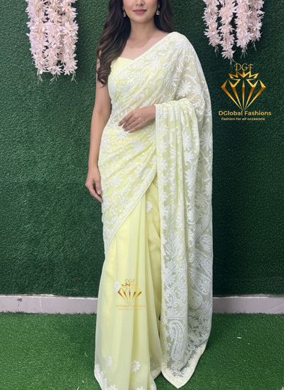 Georgette Lucknowi Chikankari Half jaal Saree with Blouse Ready-to-Wear Saree