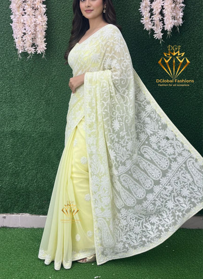 Georgette Lucknowi Chikankari Half jaal Saree with Blouse Ready-to-Wear Saree