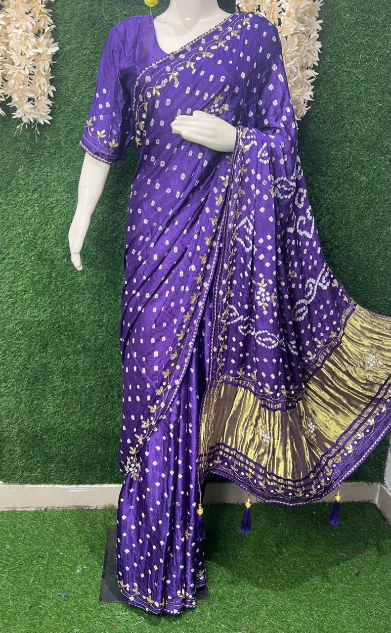 Bandhej Saree with Lagdi Patta Pallu & Cutdana Gota Patti Work