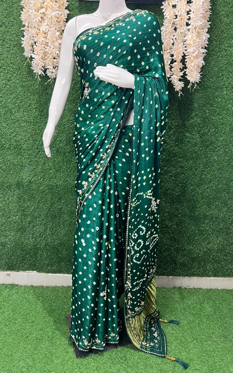 Bandhej Saree with Lagdi Patta Pallu & Cutdana Gota Patti Work