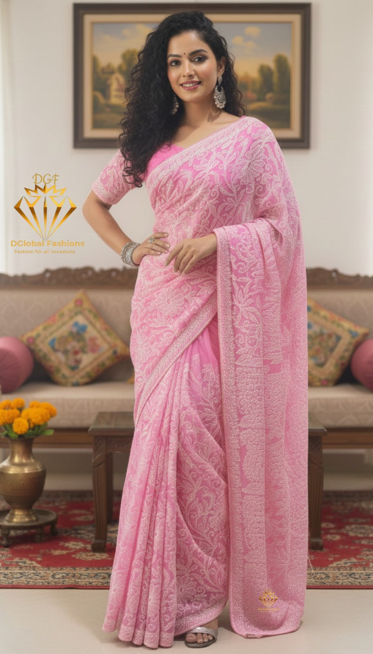 Lucknowi Chikankari Full Jaal Georgette Saree