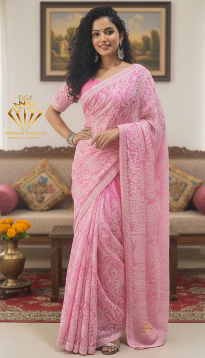 Lucknowi Chikankari Full Jaal Georgette Saree