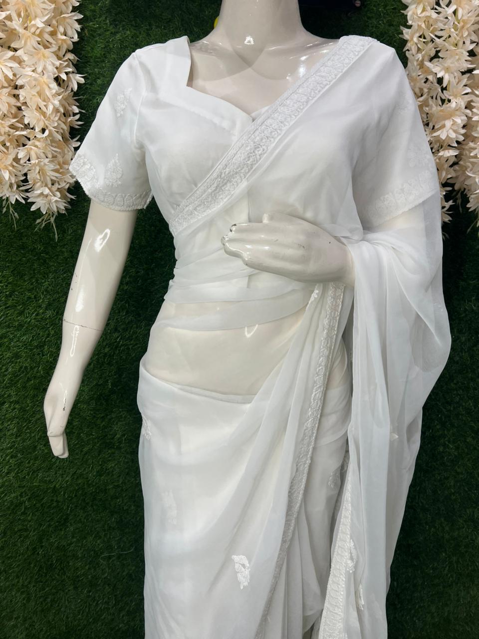 Georgette Lucknowi Chikankari Half jaal Saree with Blouse Ready-to-Wear Saree