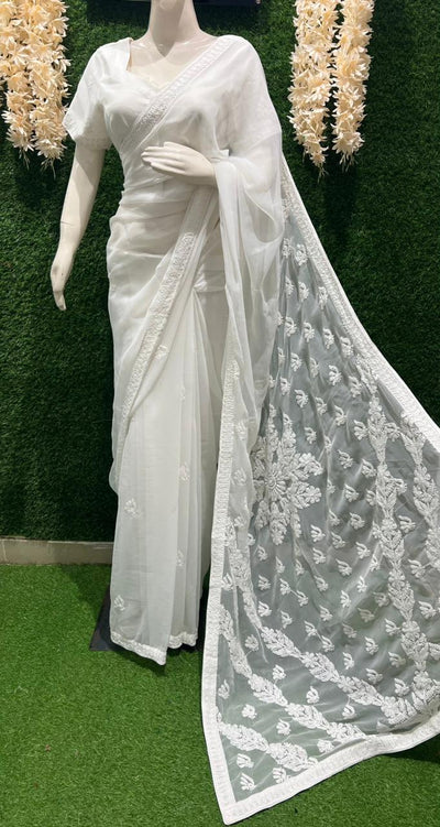Georgette Lucknowi Chikankari Half jaal Saree with Blouse Ready-to-Wear Saree