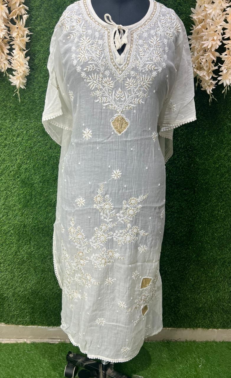 Lucknowi Chikankari Kaftan with Cutdana & Pearl Hand Embroidery – Mul Chanderi (Unstitched)