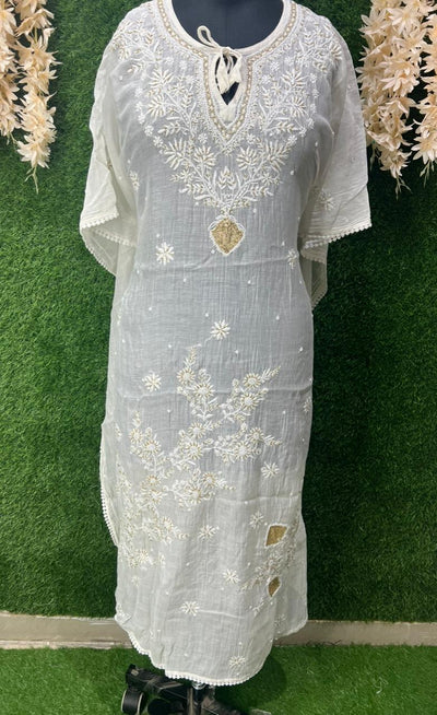 Lucknowi Chikankari Kaftan with Cutdana & Pearl Hand Embroidery – Mul Chanderi (Unstitched)