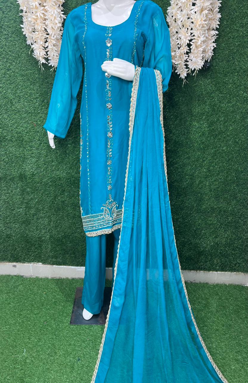 Kurta Pant Suit Set with Cutdana, Pearl & Real Mirror Embroidery