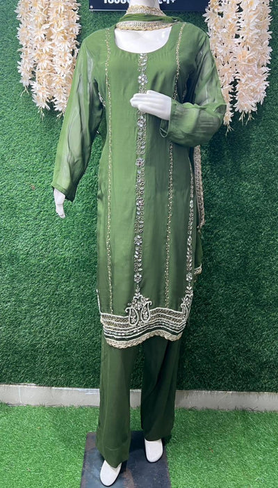 Kurta Pant Suit Set with Cutdana, Pearl & Real Mirror Embroidery