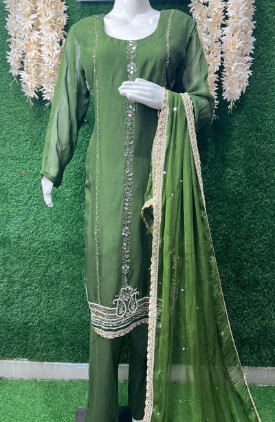Kurta Pant Suit Set with Cutdana, Pearl & Real Mirror Embroidery