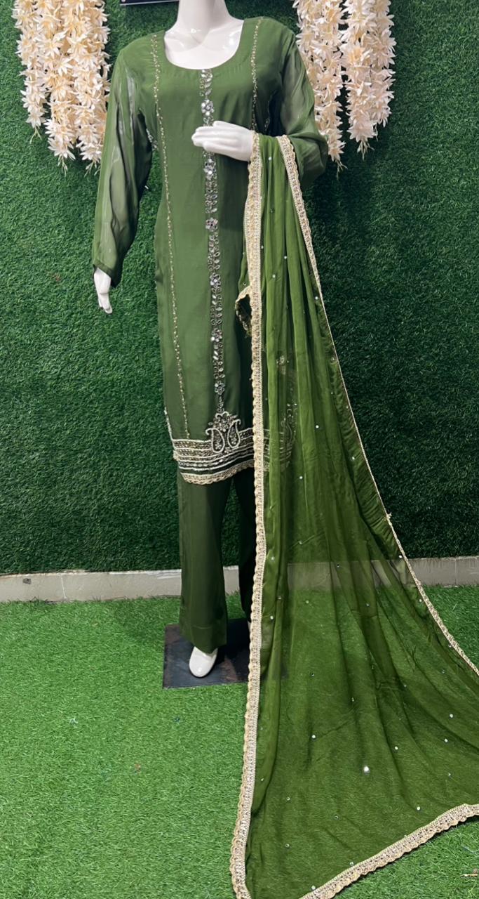 Kurta Pant Suit Set with Cutdana, Pearl & Real Mirror Embroidery