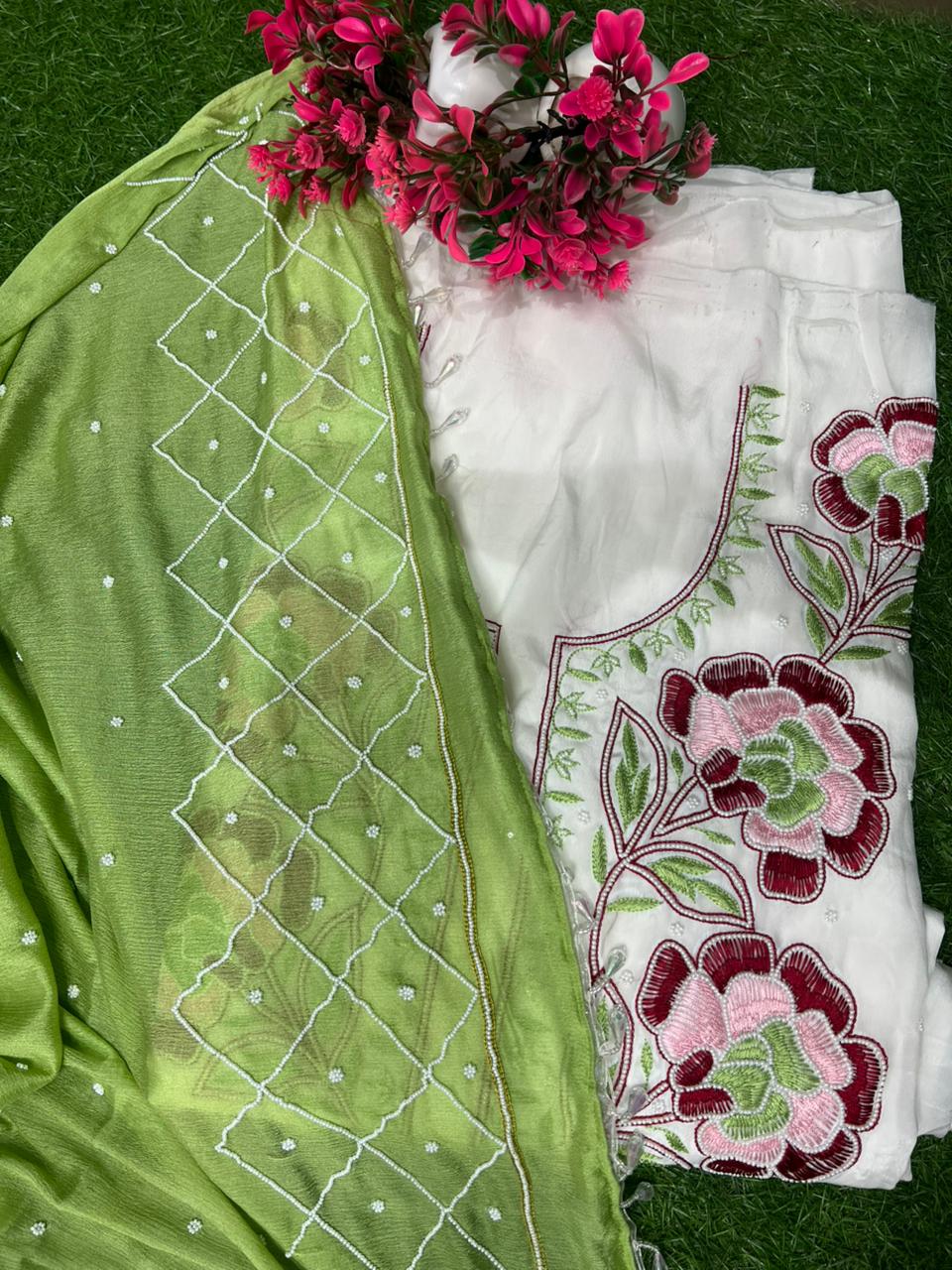 Crepe Lucknowi Chikankari Suit with Resham Work & Pearl Chiffon Dupatta