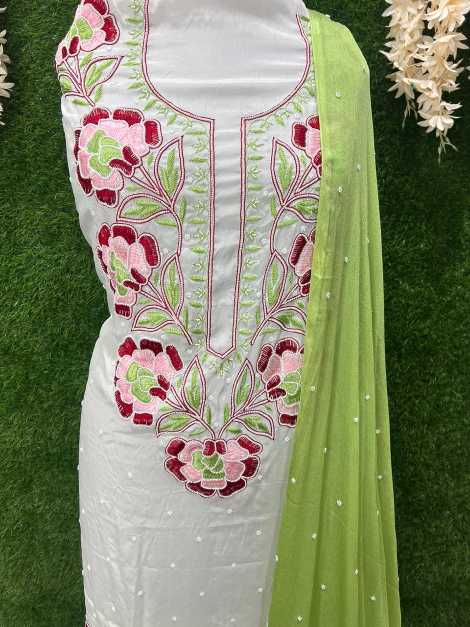 Crepe Lucknowi Chikankari Suit with Resham Work & Pearl Chiffon Dupatta