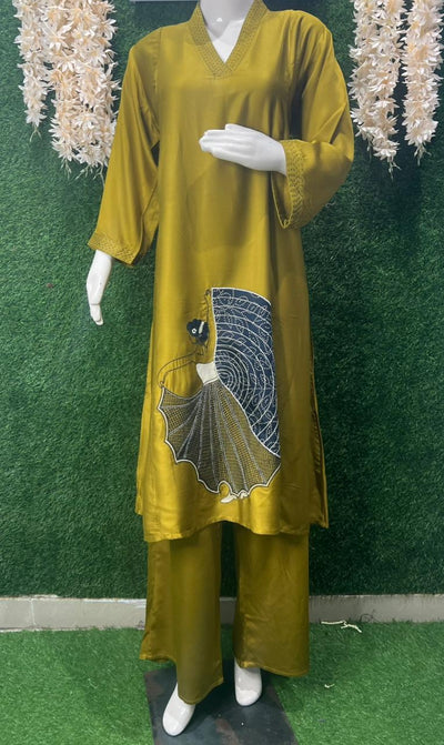 Gajji Silk A-Line Kurti & Pant Set with Applique Patch Embroidery