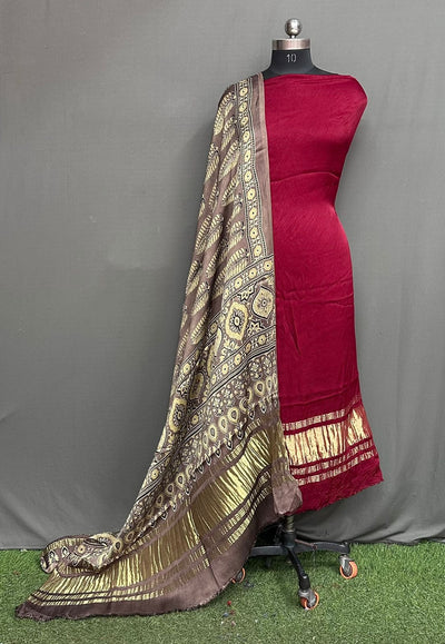 Unstitched Modal Silk Suit Set with Lagdi Patta Kurta & Hand Block Ajrak Dupatta
