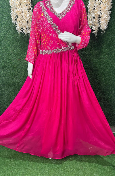 Pink Chiffon Embroidered Bandhej Gown – Festive Wear Readymade