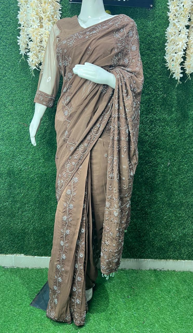 Lucknowi Chikankari Ready-to-Wear Saree with Pearl & Cutdana Handwork