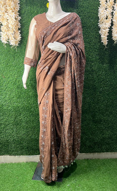 Lucknowi Chikankari Ready-to-Wear Saree with Pearl & Cutdana Handwork