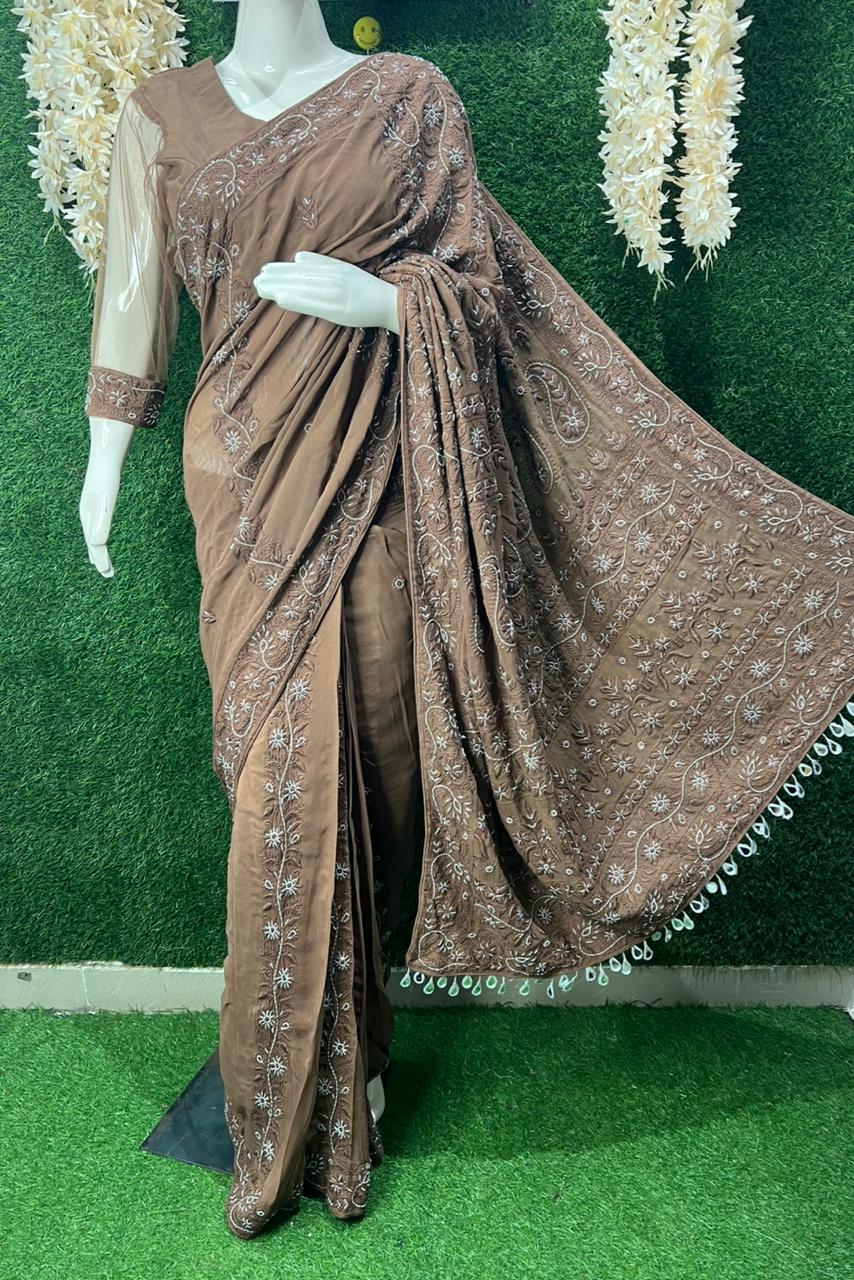 Lucknowi Chikankari Ready-to-Wear Saree with Pearl & Cutdana Handwork