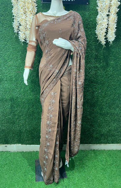 Lucknowi Chikankari Ready-to-Wear Saree with Pearl & Cutdana Handwork