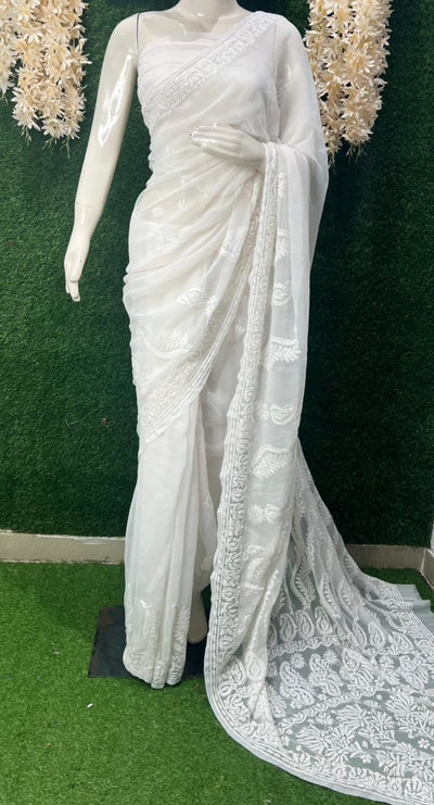 Lucknowi Chikankari Half Jaal Saree with Handwork