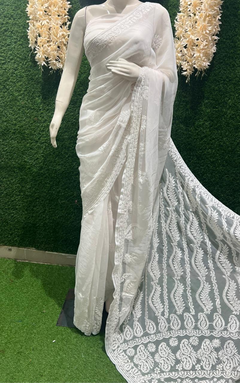 Lucknowi Chikankari Half Jaal Saree with Handwork