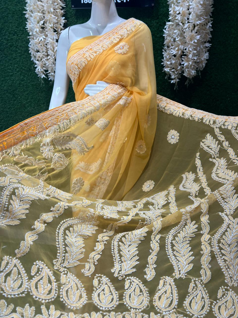 Lucknowi Chikankari Half Jaal Saree with Handwork