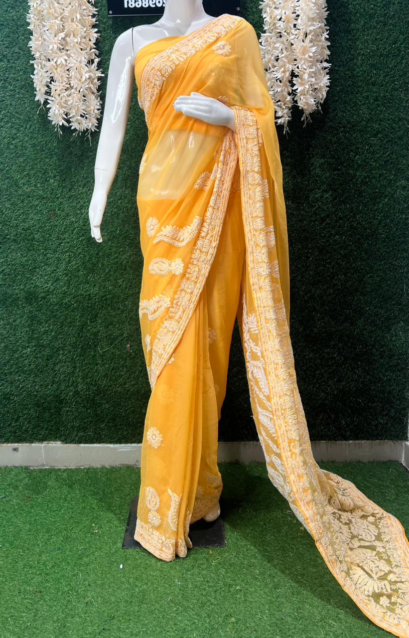 Lucknowi Chikankari Half Jaal Saree with Handwork