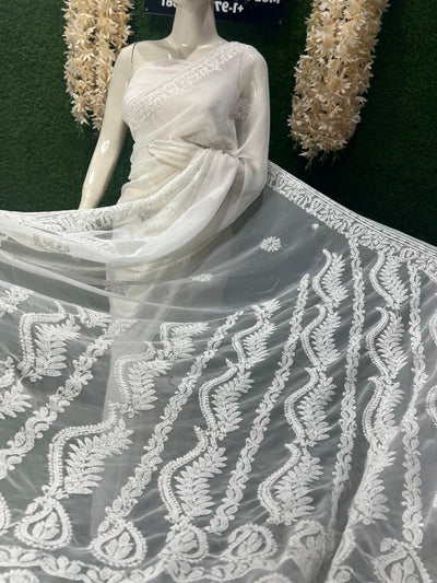 Lucknowi Chikankari Half Jaal Saree with Handwork