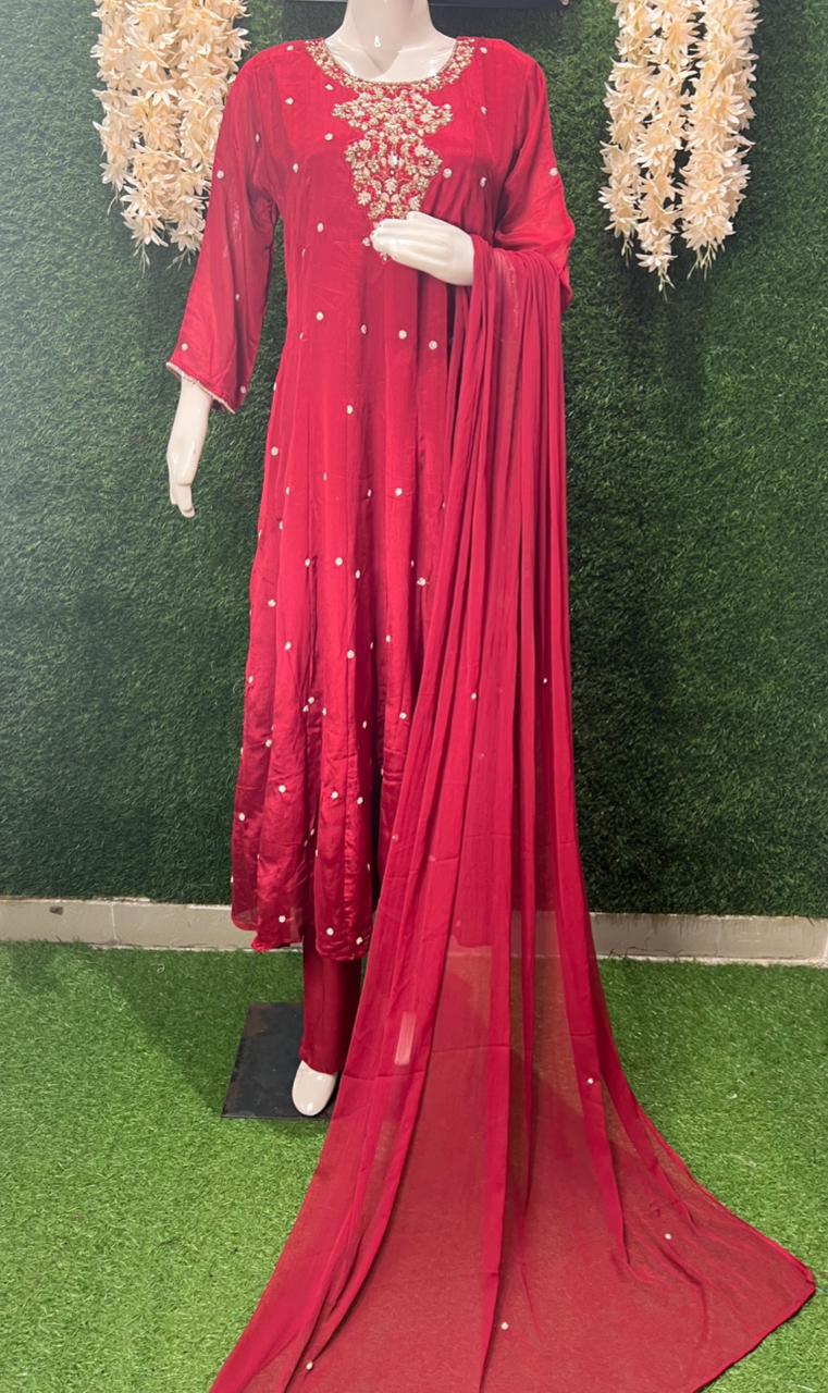 Chinnon Hand-Embroidery Anarkali Suit with Cutdana, Pearl & Sequin Work