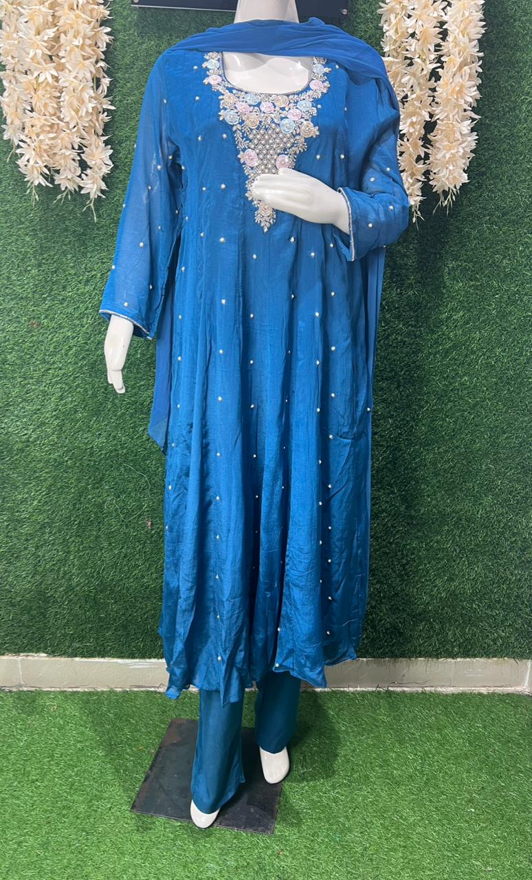 Chinnon Hand-Embroidery Anarkali Suit with Cutdana, Pearl & Sequin Work