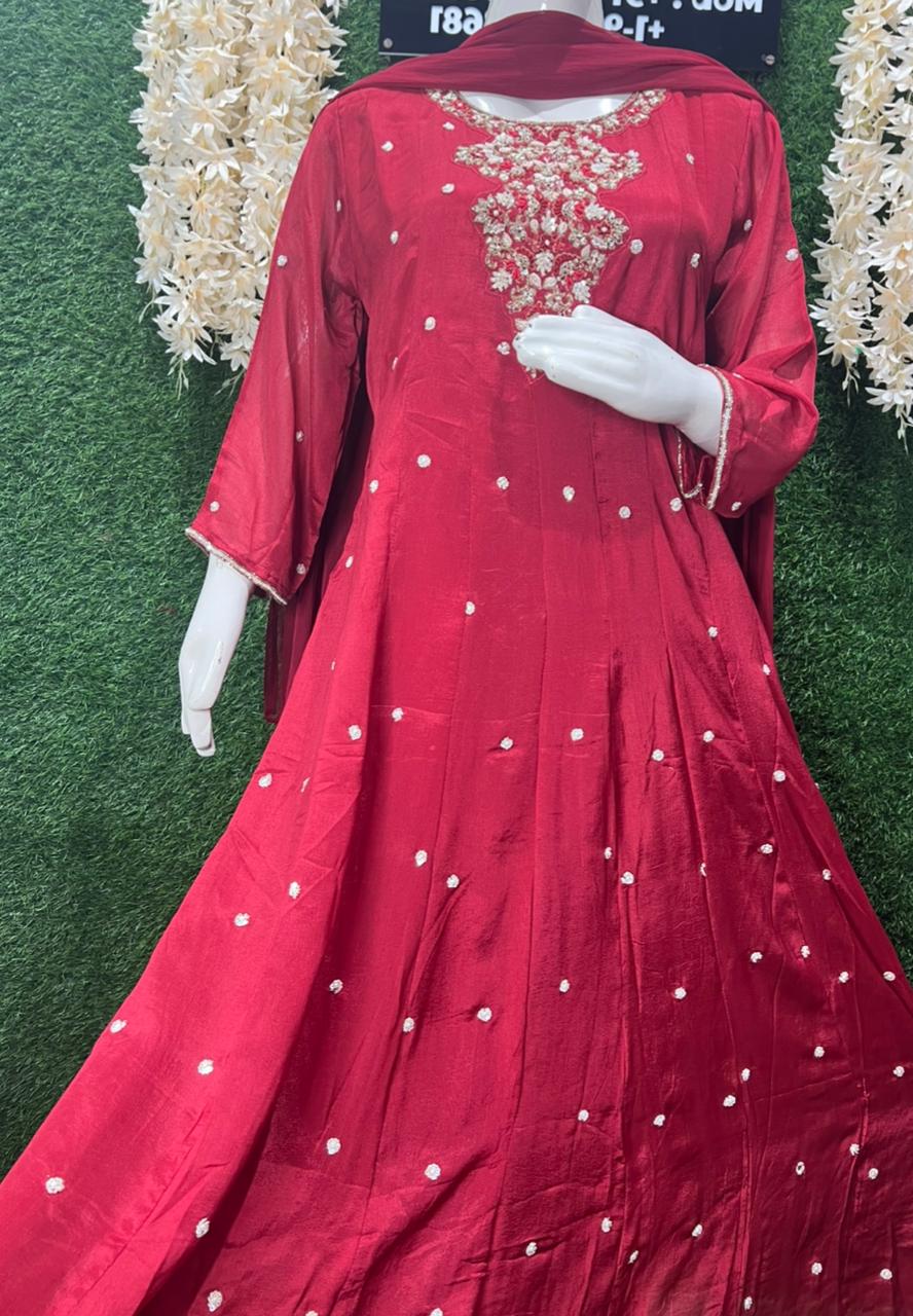 Chinnon Hand-Embroidery Anarkali Suit with Cutdana, Pearl & Sequin Work