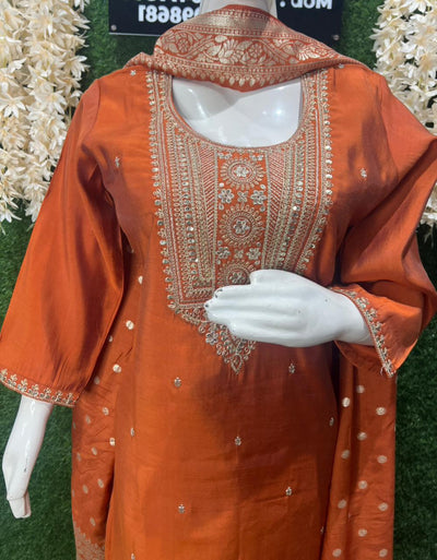 Embroidery Silk Suit Set with Banarasi Dupatta