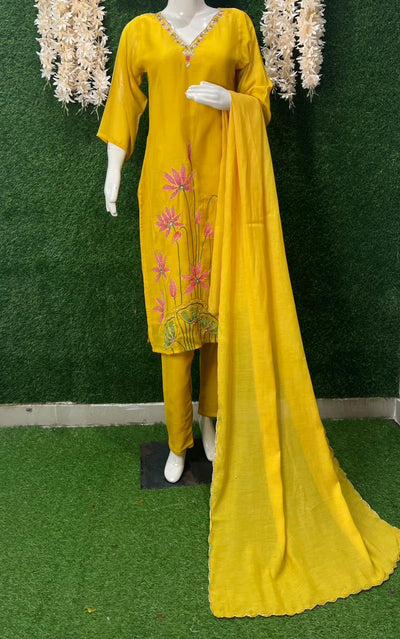 Hand Printed Mul Chanderi Kurta with Cutdana, Sequin & Pearl Work – Thread Embroidery on Neck