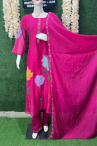 A-Line Mul Chanderi Thread Embroidered Kurta Set with Sequin & Pearl Work Dupatta
