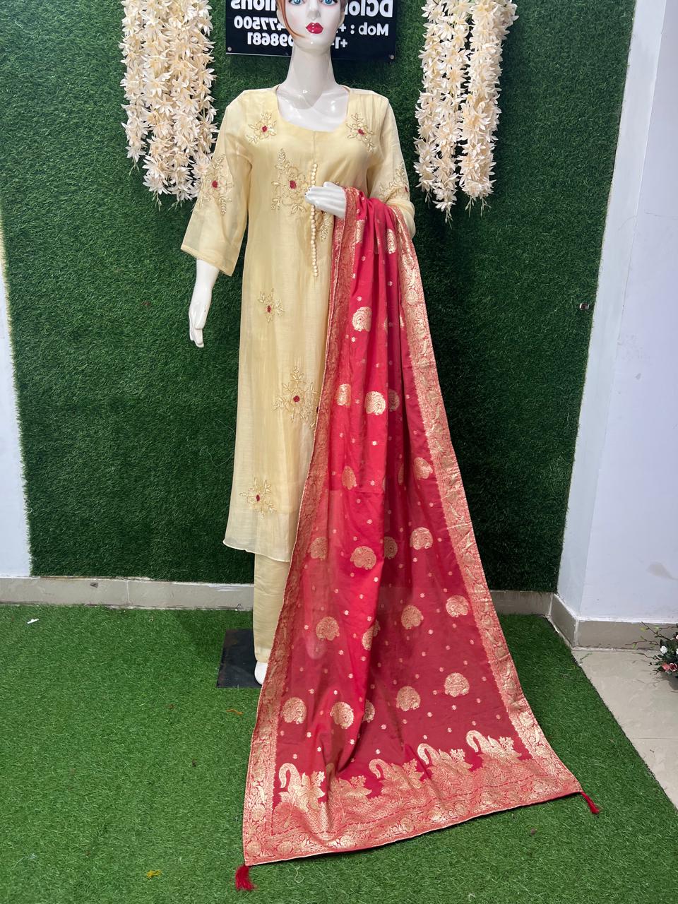 A-Line Mul Chanderi Kurta Set with Banarasi Dupatta & Pearl Cutdana Work
